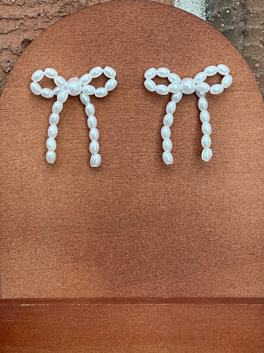 White Faux Pearl Bow Earrings