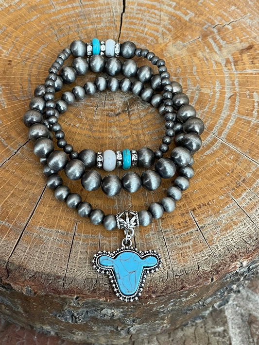 Navajo Style Pearl Bracelet Set with Faux Turquoise Cow