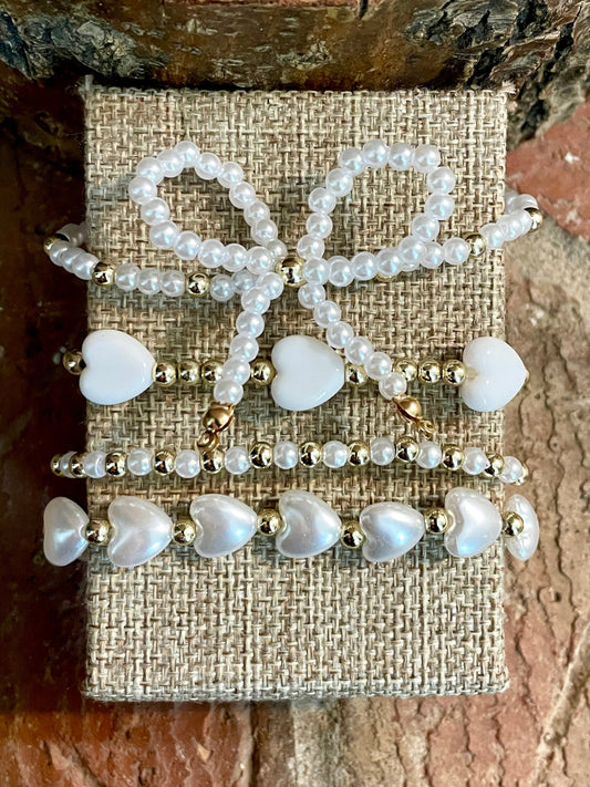 Beaded Bow Bracelet Set - White with Hearts