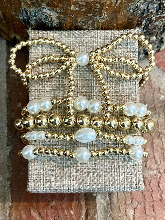 Beaded Bow Bracelet Set - Gold