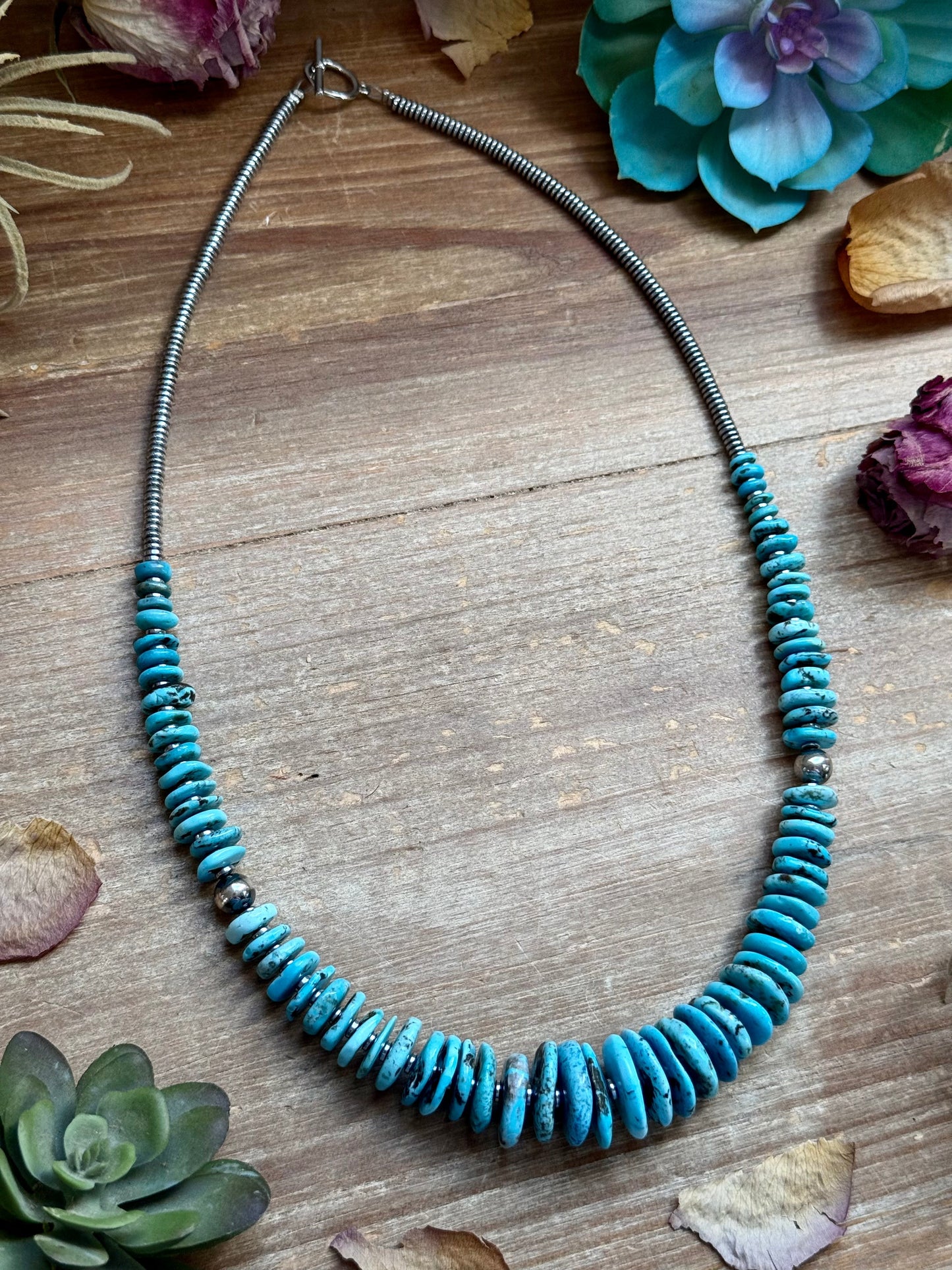 Light Blue Turquoise Graduated Necklace with Sterling Silver Pearls & Hematite – 23”