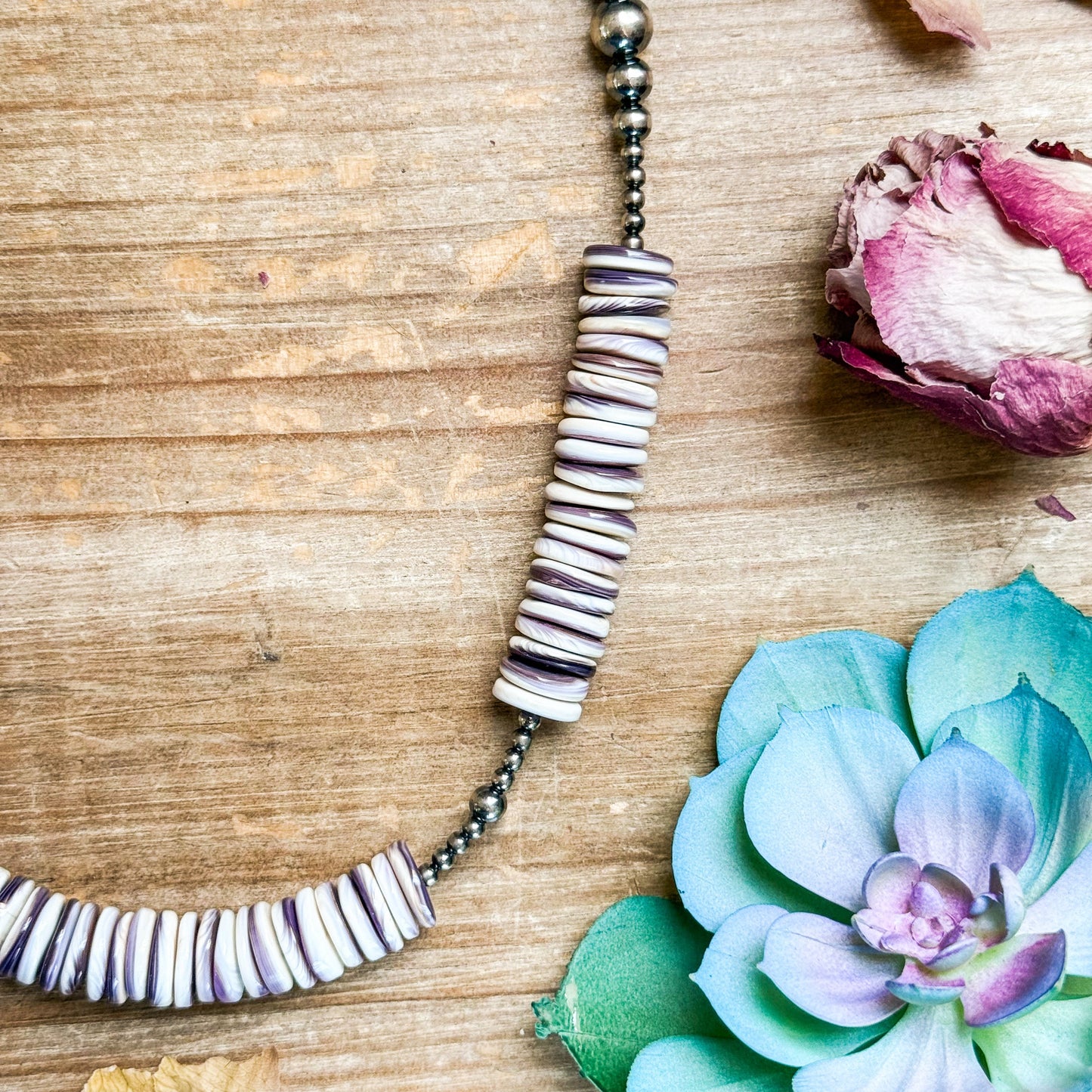 19.5” Wampum Shell Necklace – 3–8mm Sterling Silver Pearls