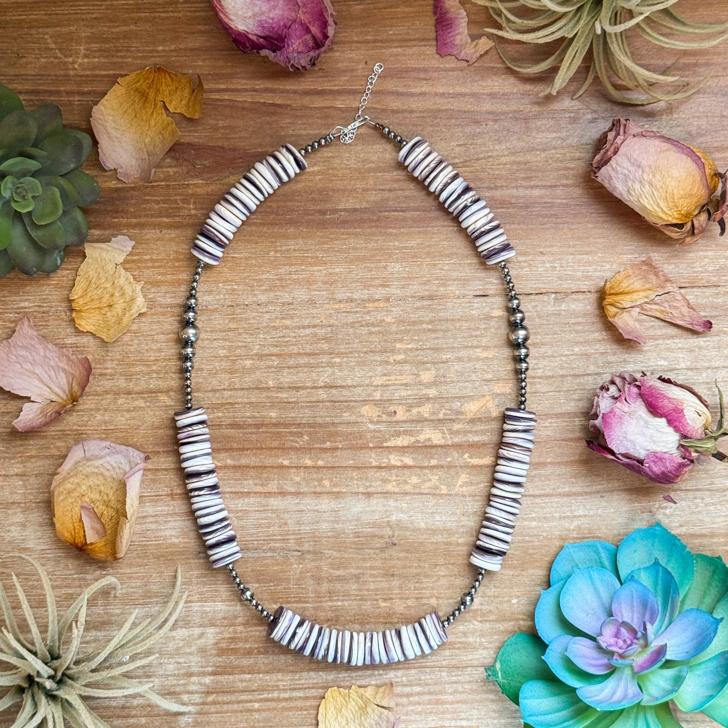 19.5” Wampum Shell Necklace – 3–8mm Sterling Silver Pearls