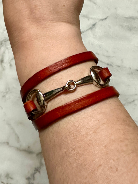 Snaffle Bit Wrap Bracelet with Brown Genuine Leather - Silver