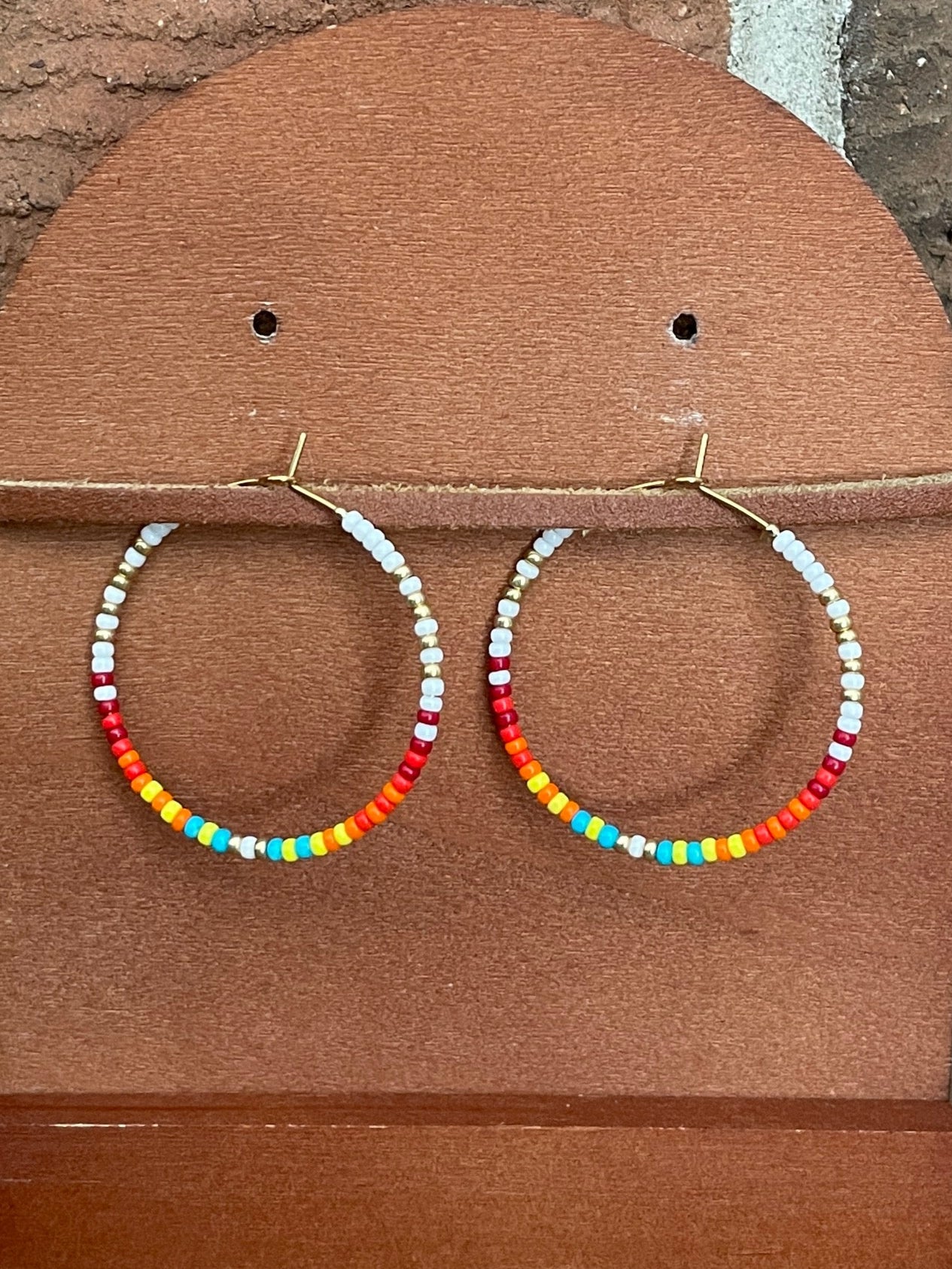 Southwestern Beaded Hoop Earrings - White & Red