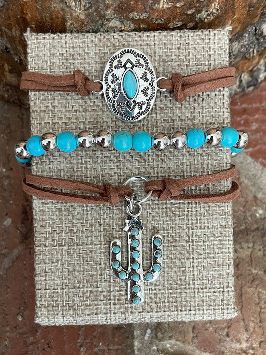 Concho and Saguaro Cactus Faux Leather Bracelet Set