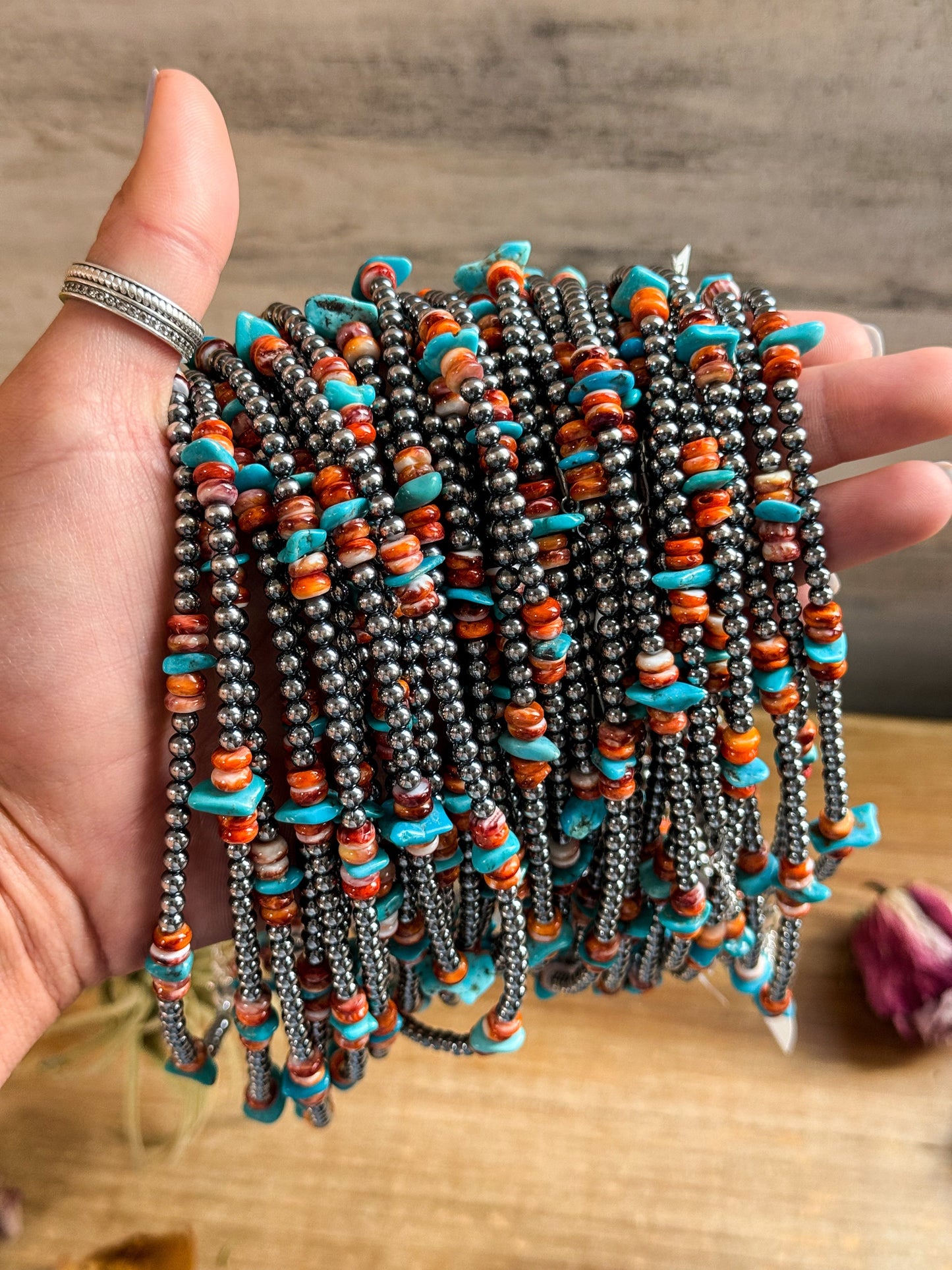 Sterling Silver Pearl Necklace with Orange Spiny Oyster & Sleeping Beauty Turquoise Chips – 14.5”