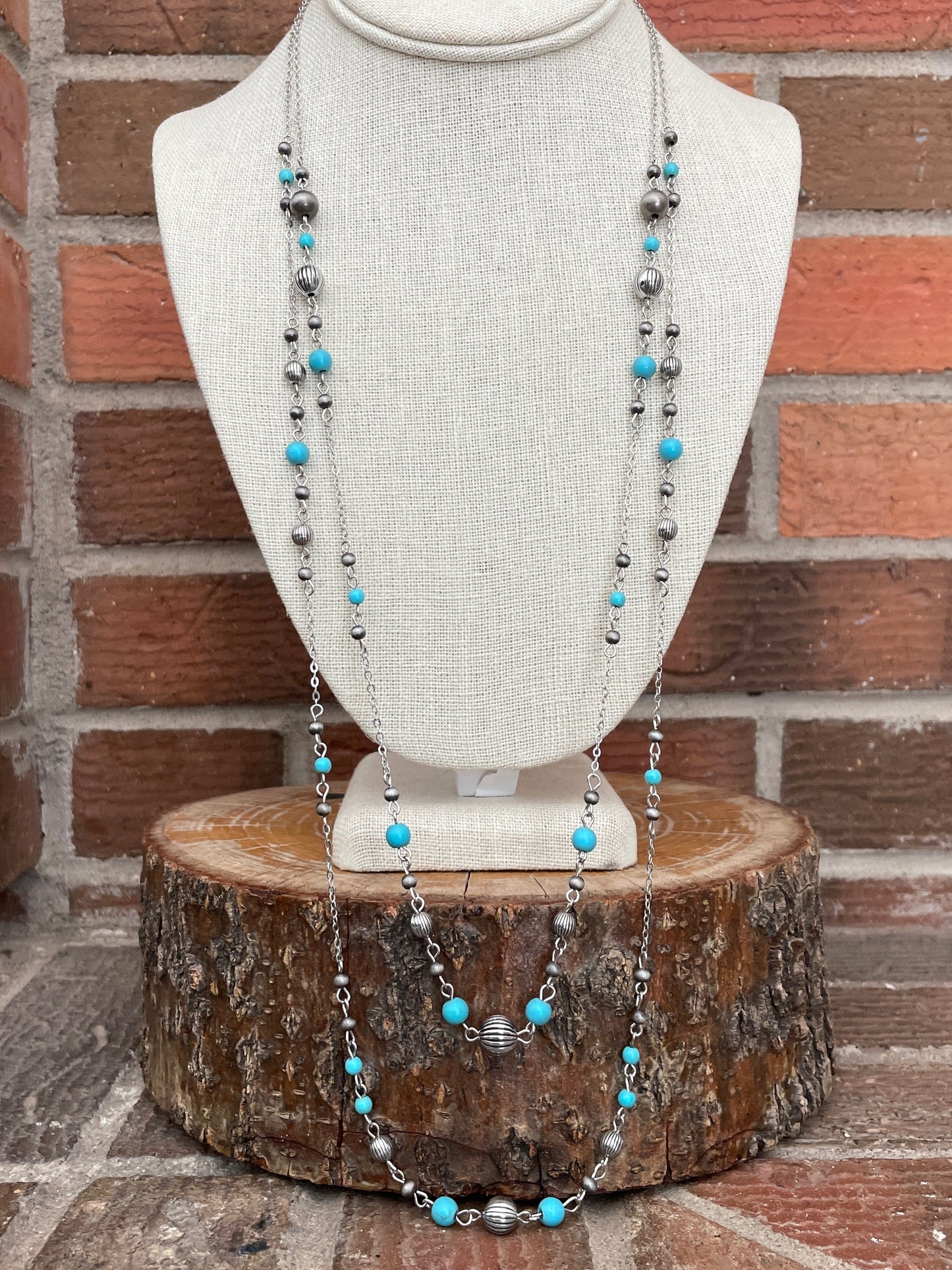 Layered Navajo Style Pearl & Turquoise Spaced Bead Necklace Set