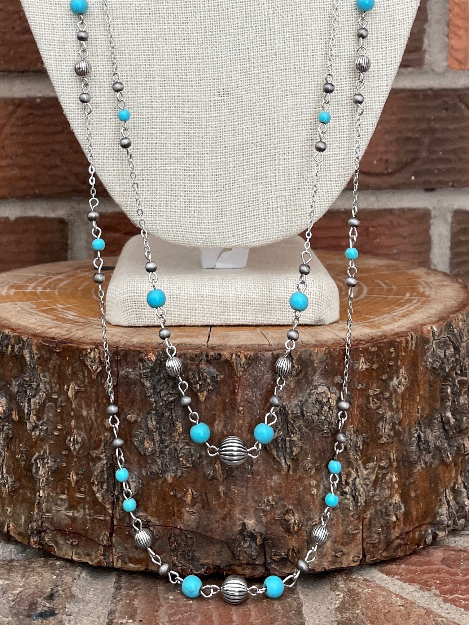 Layered Navajo Style Pearl & Turquoise Spaced Bead Necklace Set