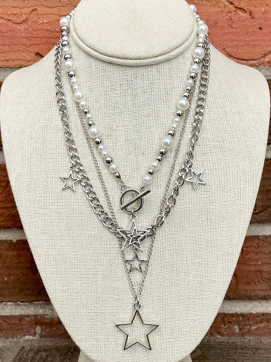 Layered Star Necklace Set with White Faux Pearl & Silver Beads