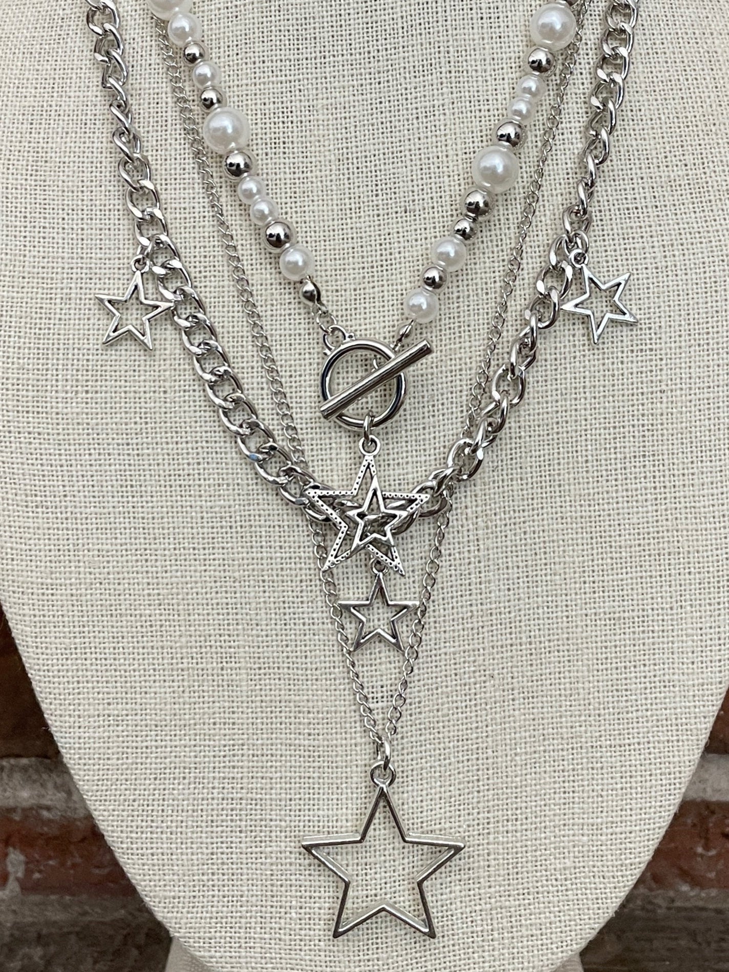 Layered Star Necklace Set with White Faux Pearl & Silver Beads