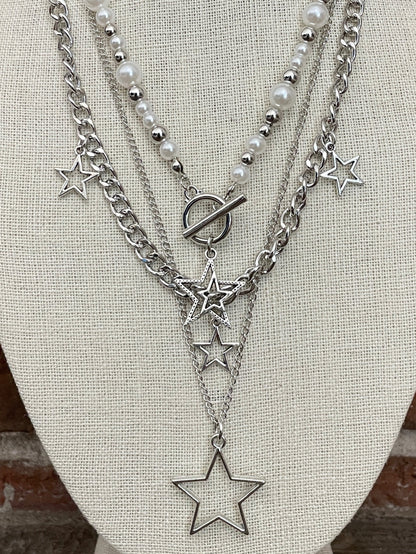 Layered Star Necklace Set with White Faux Pearl & Silver Beads