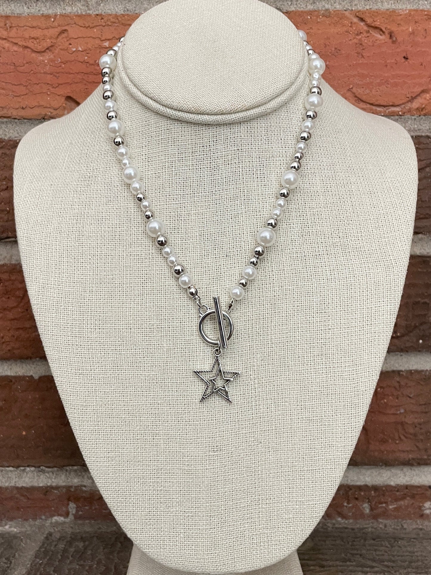 Layered Star Necklace Set with White Faux Pearl & Silver Beads
