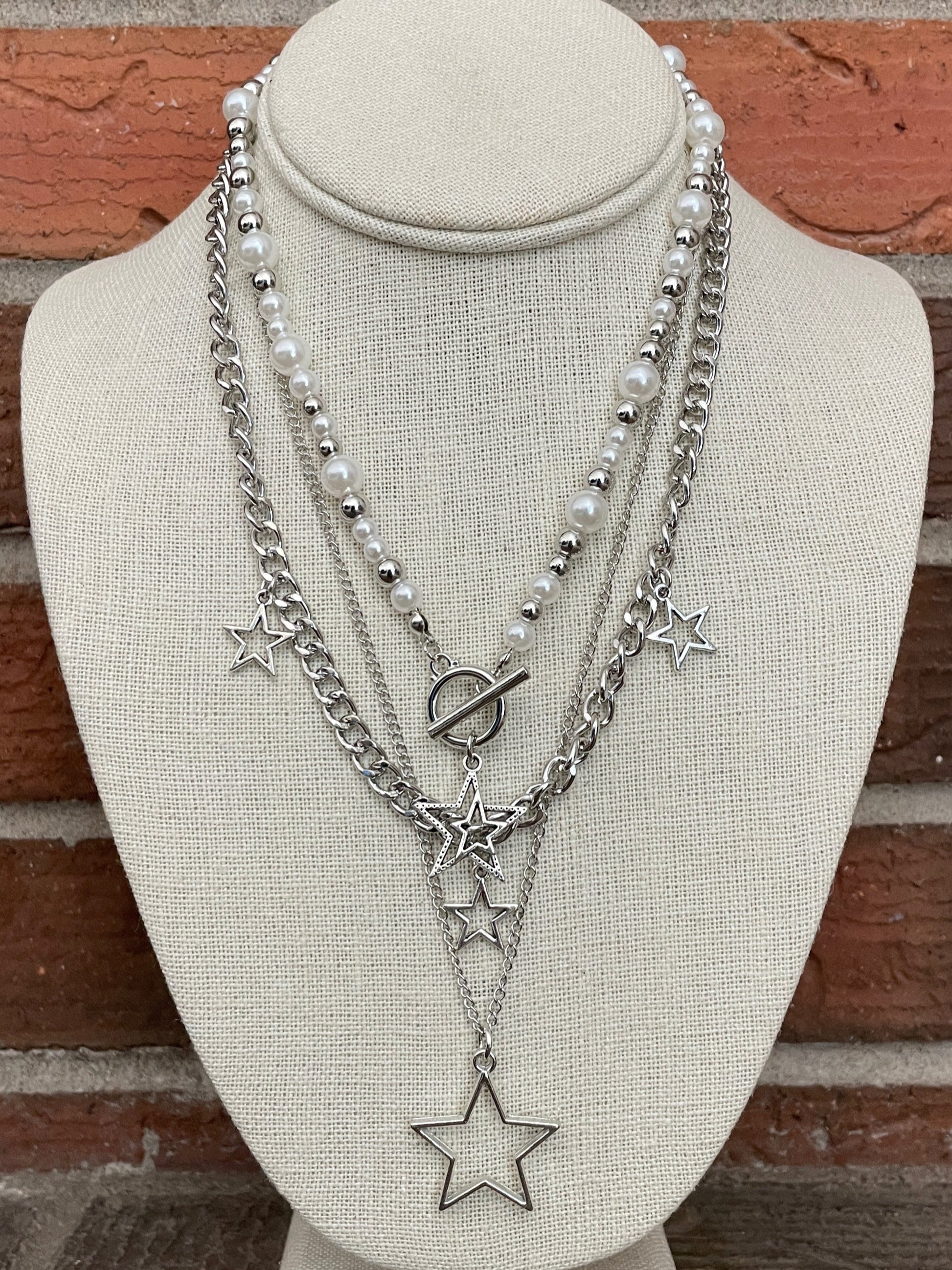 Layered Star Necklace Set with White Faux Pearl & Silver Beads