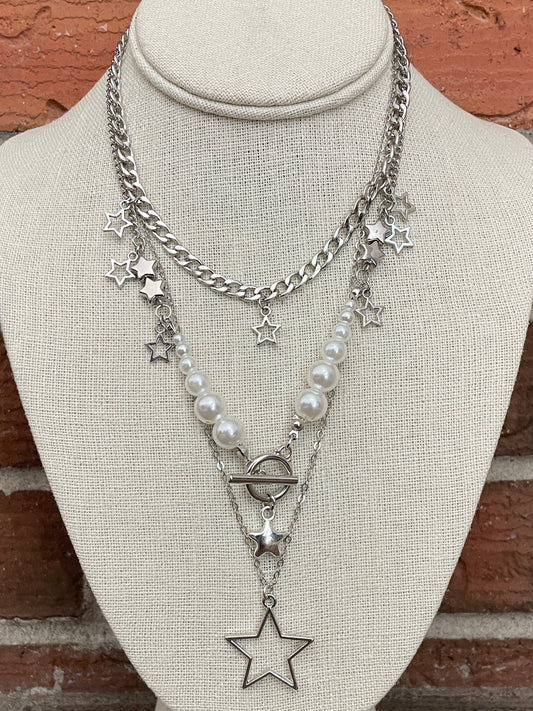 Layered Star Necklace Set with White Faux Pearls