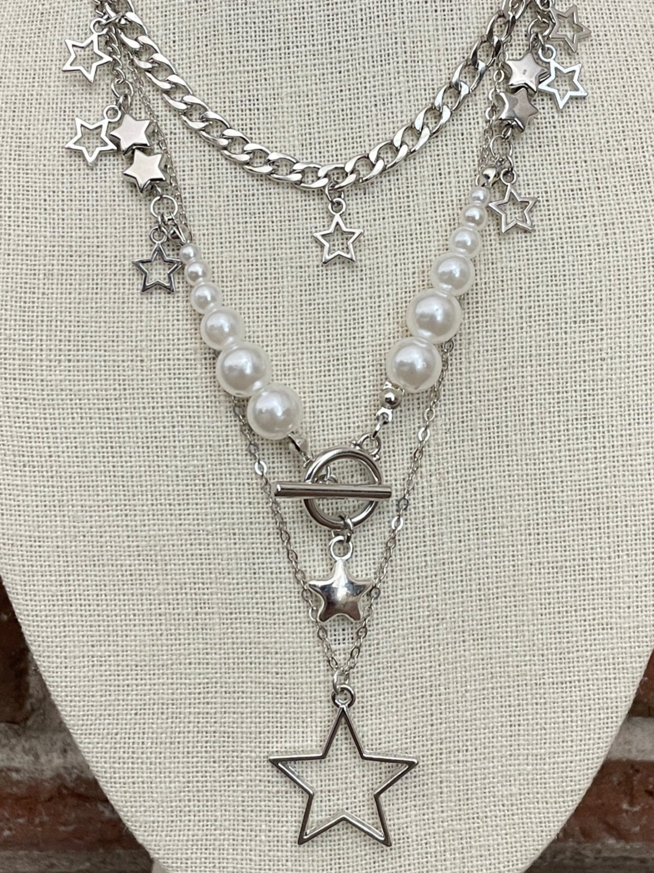Layered Star Necklace Set with White Faux Pearls