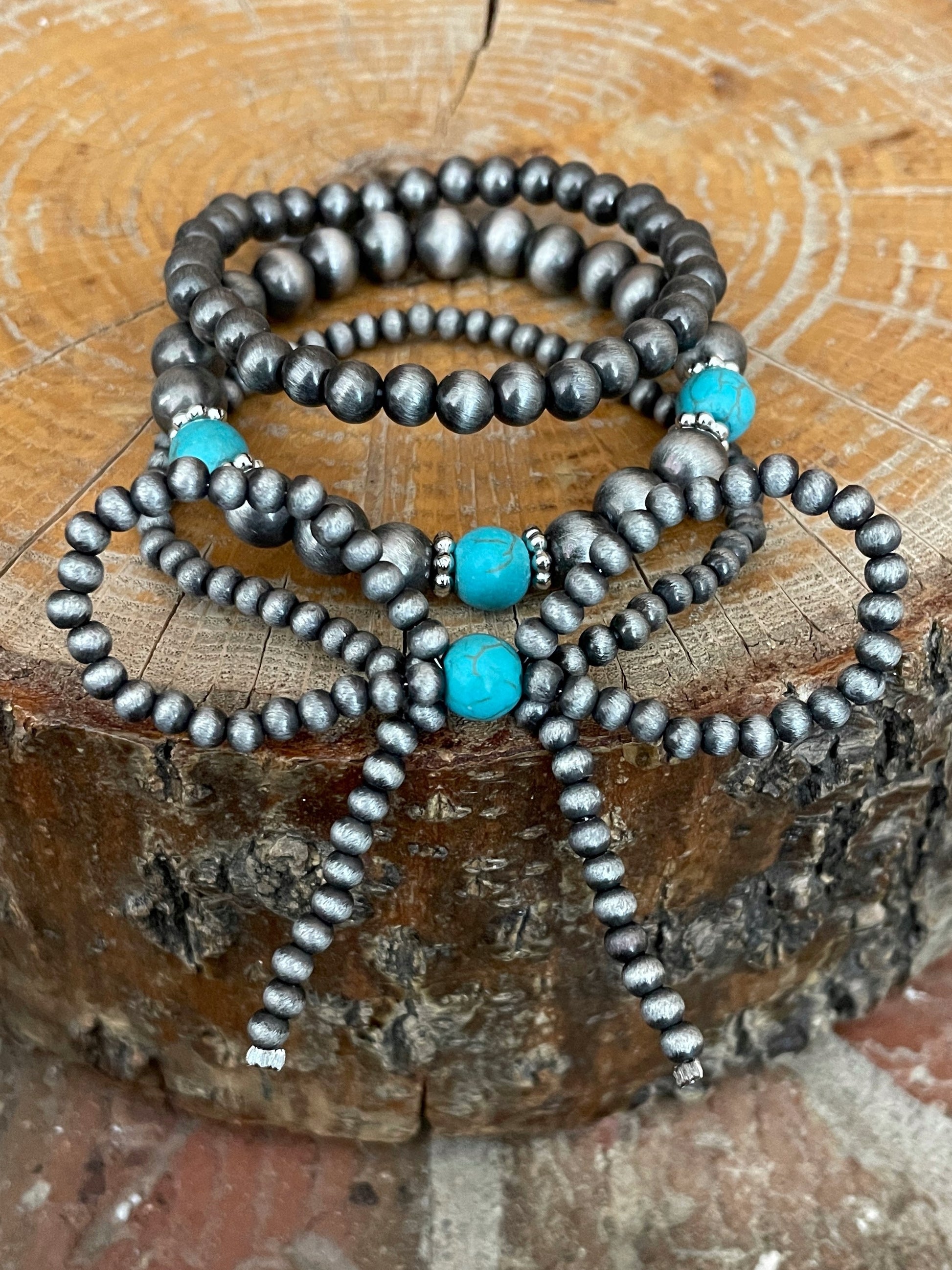 Navajo Style Pearl Bow Bracelet Set with Faux Turquoise