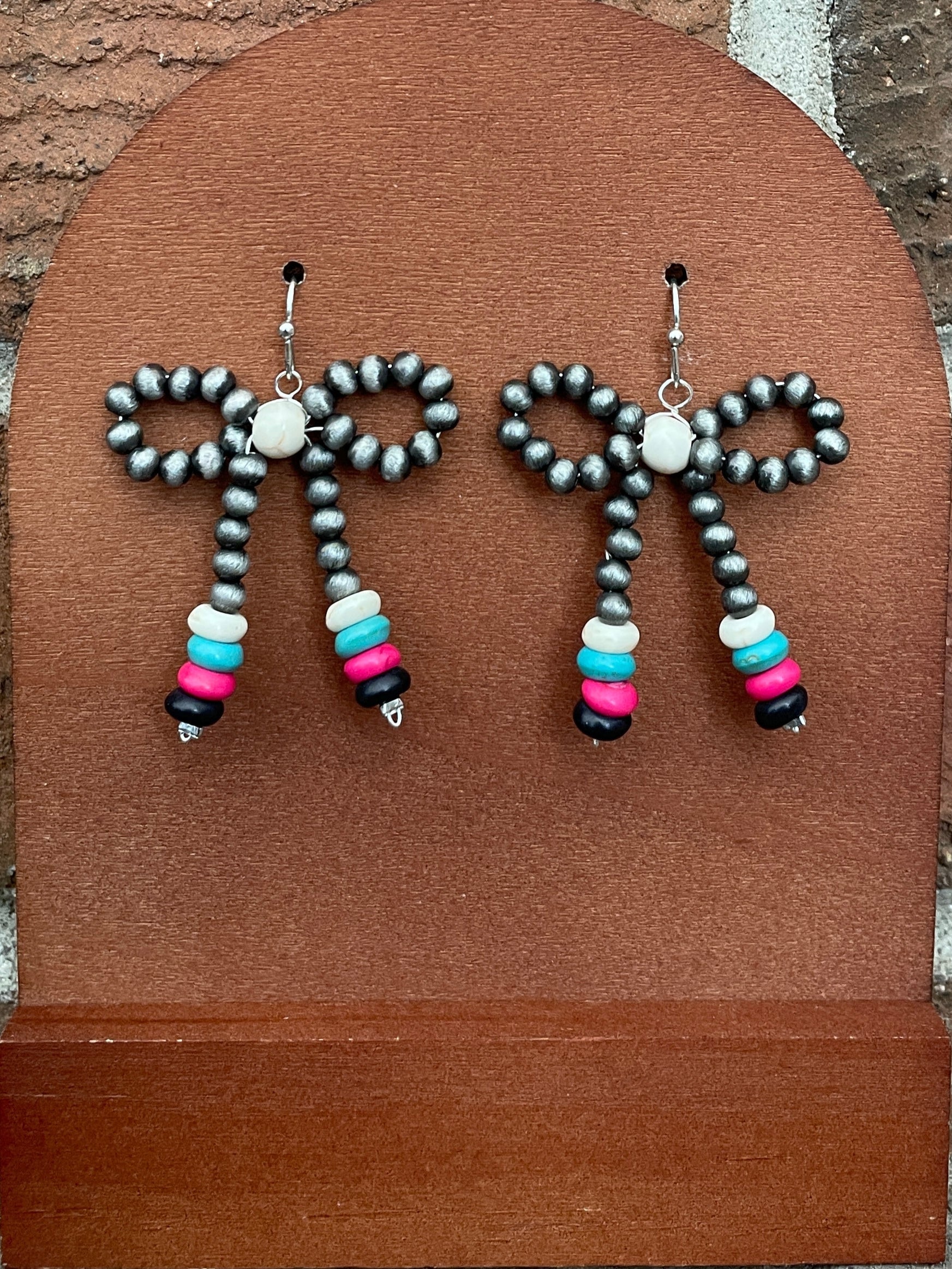 Navajo Style Pearl Bow Earrings with White, Turquoise, Pink & Black Disks