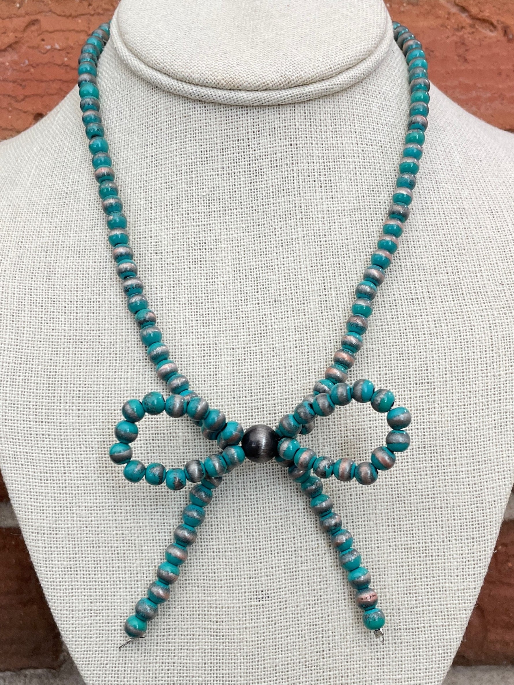 Navajo Style Pearl Bow Necklace with Brushed Turquoise