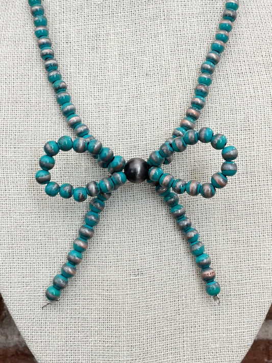 Navajo Style Pearl Bow Necklace with Brushed Turquoise