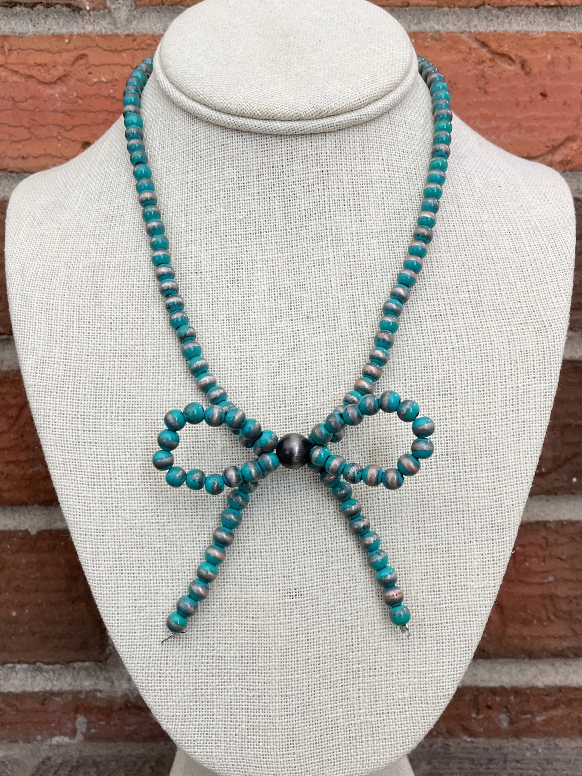 Navajo Style Pearl Bow Necklace with Brushed Turquoise