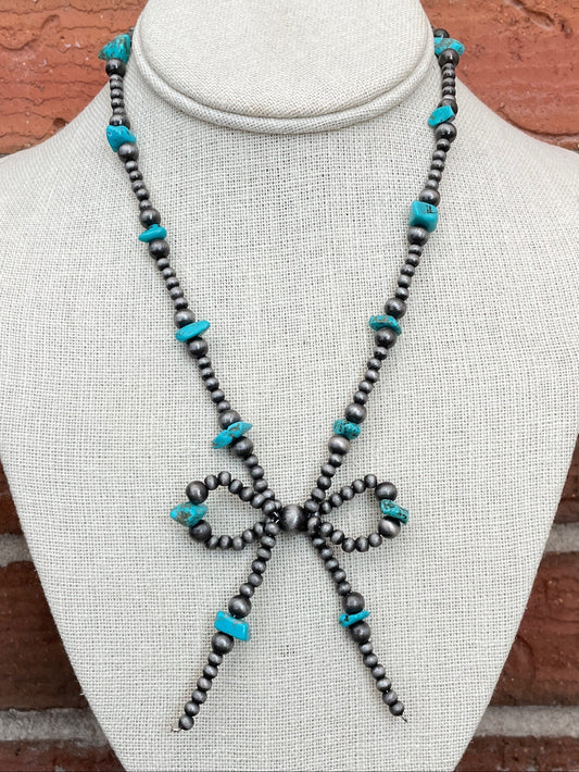 Navajo Style Pearl Bow Necklace with Faux Turquoise Chips