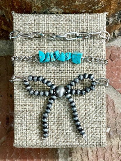 Navajo Style Pearl Bow and Paperclip Chain Bracelet Set with Turquoise