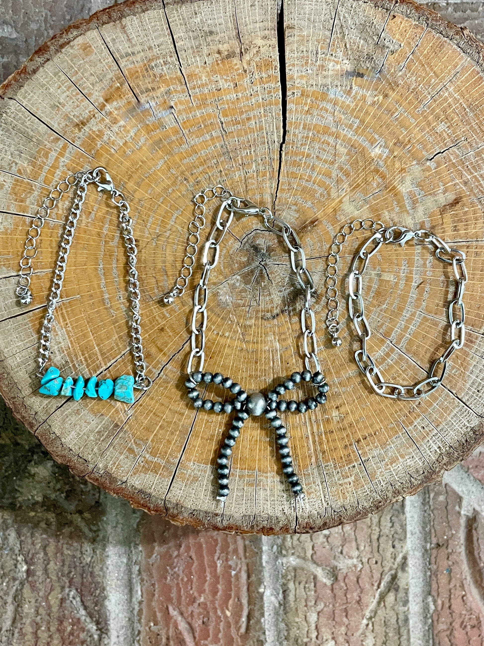 Navajo Style Pearl Bow and Paperclip Chain Bracelet Set with Turquoise