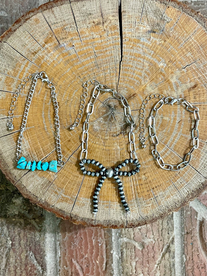 Navajo Style Pearl Bow and Paperclip Chain Bracelet Set with Turquoise