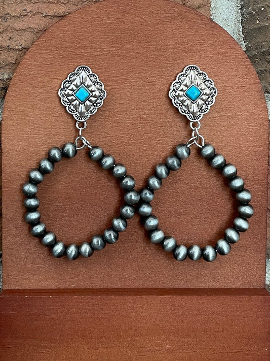 Navajo Style Pearl Hoop Concho Drop Earrings