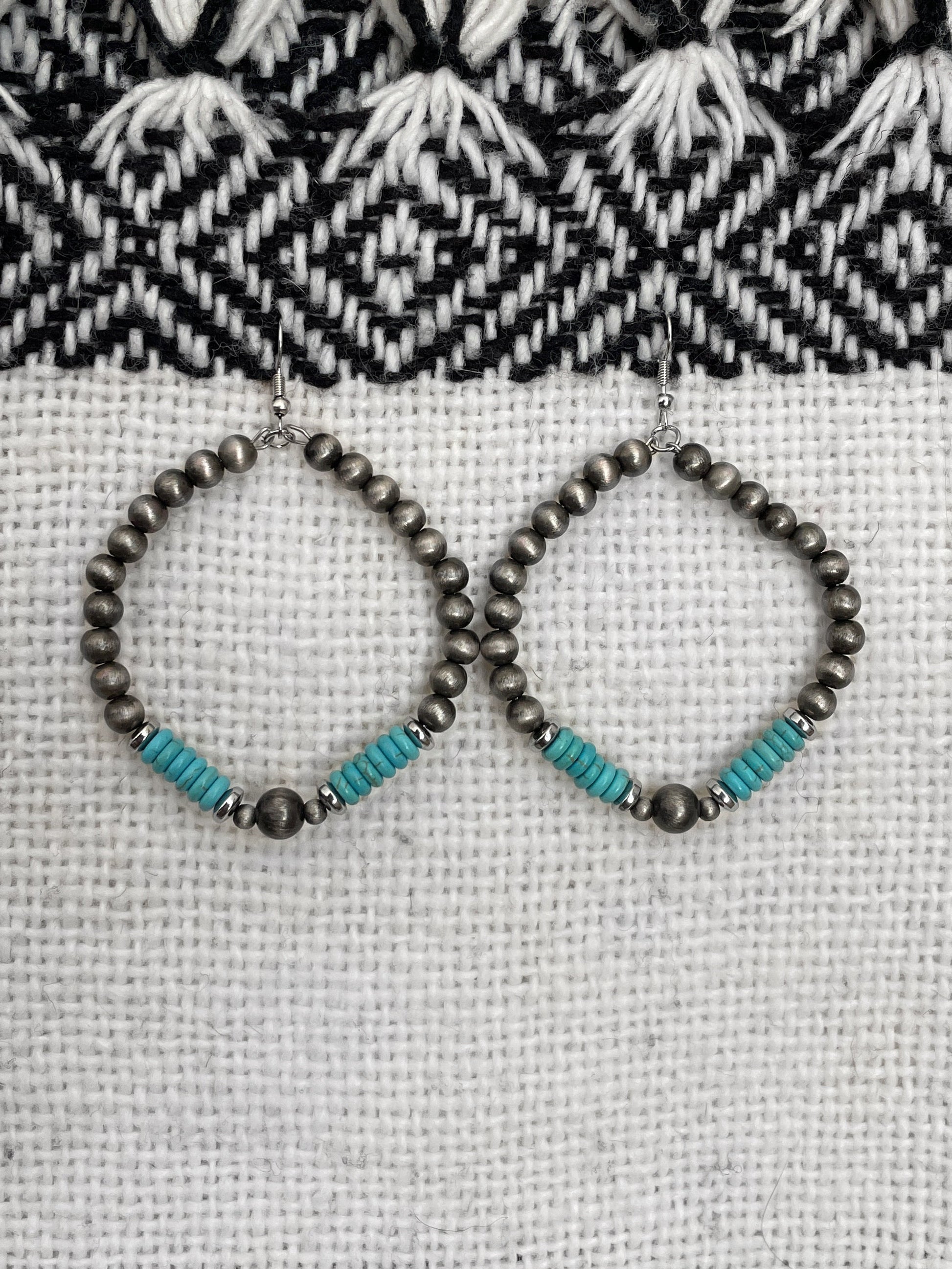 Navajo Style Pearl Hoop Drop Earrings with Turquoise Disks
