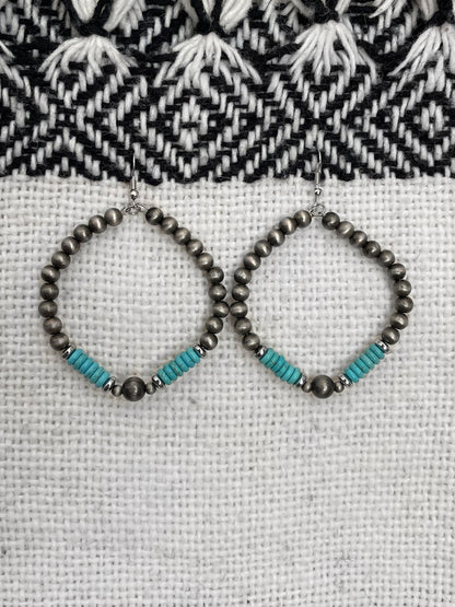 Navajo Style Pearl Hoop Drop Earrings with Turquoise Disks