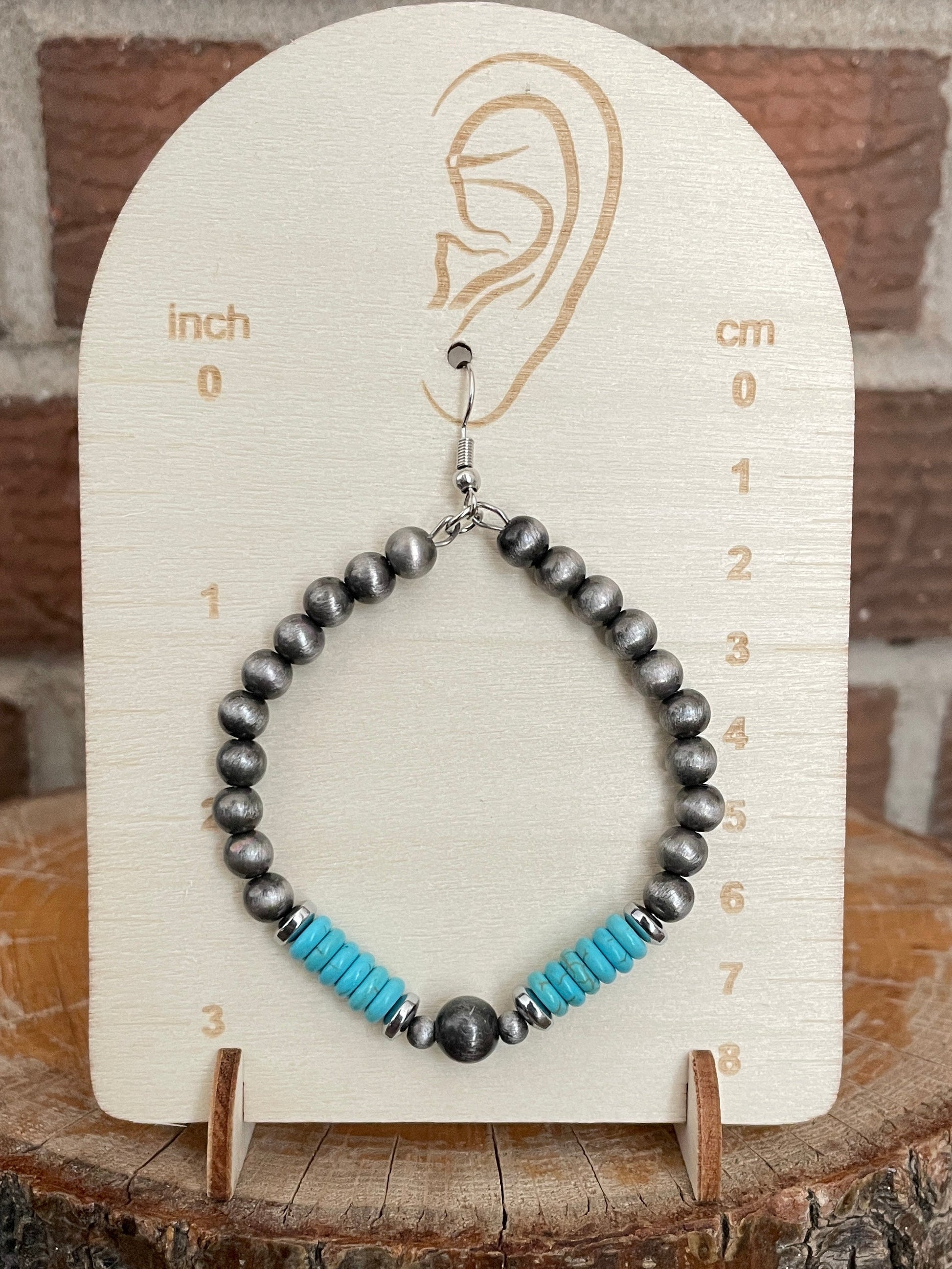Navajo Style Pearl Hoop Drop Earrings with Turquoise Disks