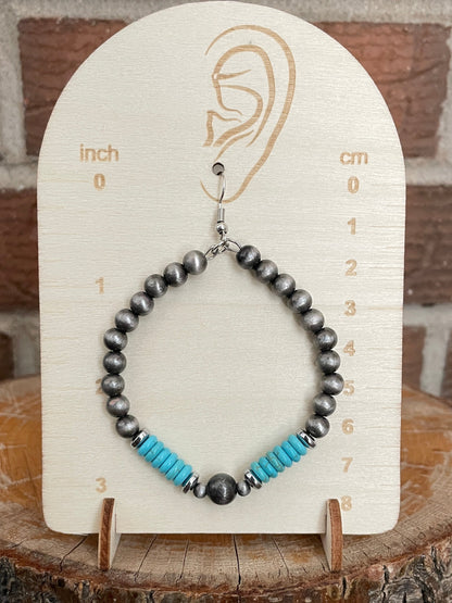 Navajo Style Pearl Hoop Drop Earrings with Turquoise Disks