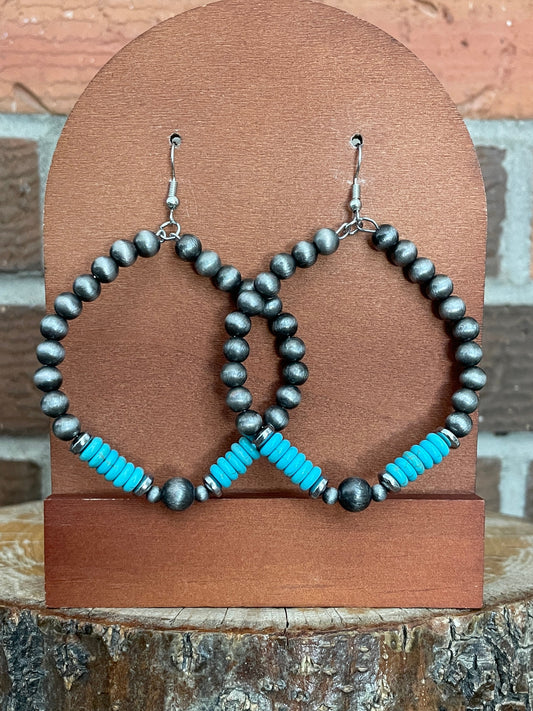 Navajo Style Pearl Hoop Drop Earrings with Turquoise Disks