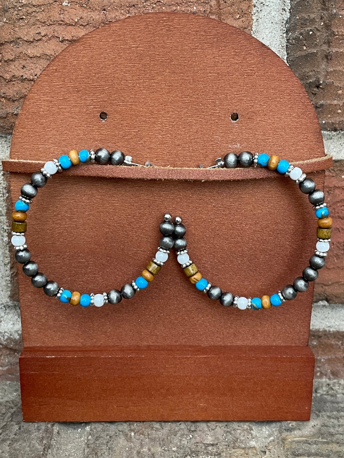 Navajo Style Pearl Hoop Earrings with Wood & Blue Beads