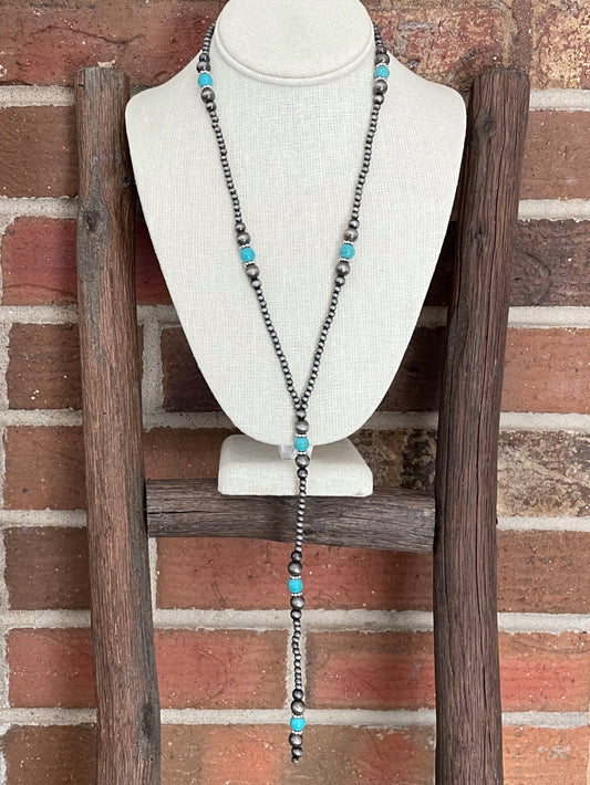 Navajo Style Pearl Lariat Necklace with Faux Turquoise
