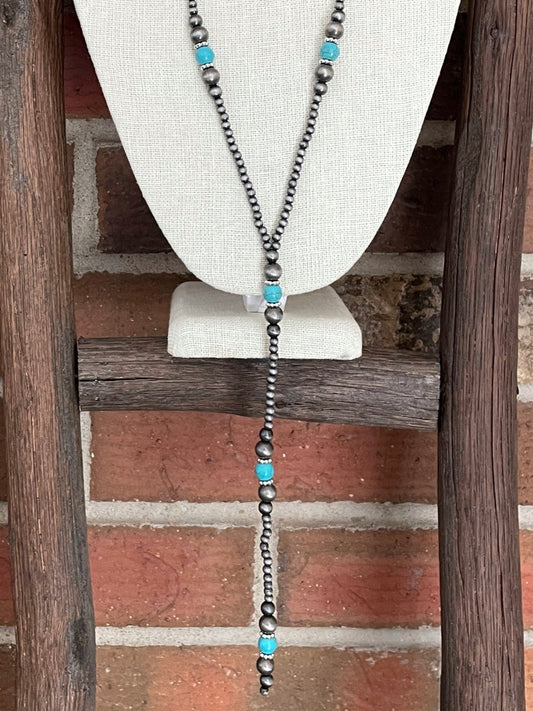 Navajo Style Pearl Lariat Necklace with Faux Turquoise