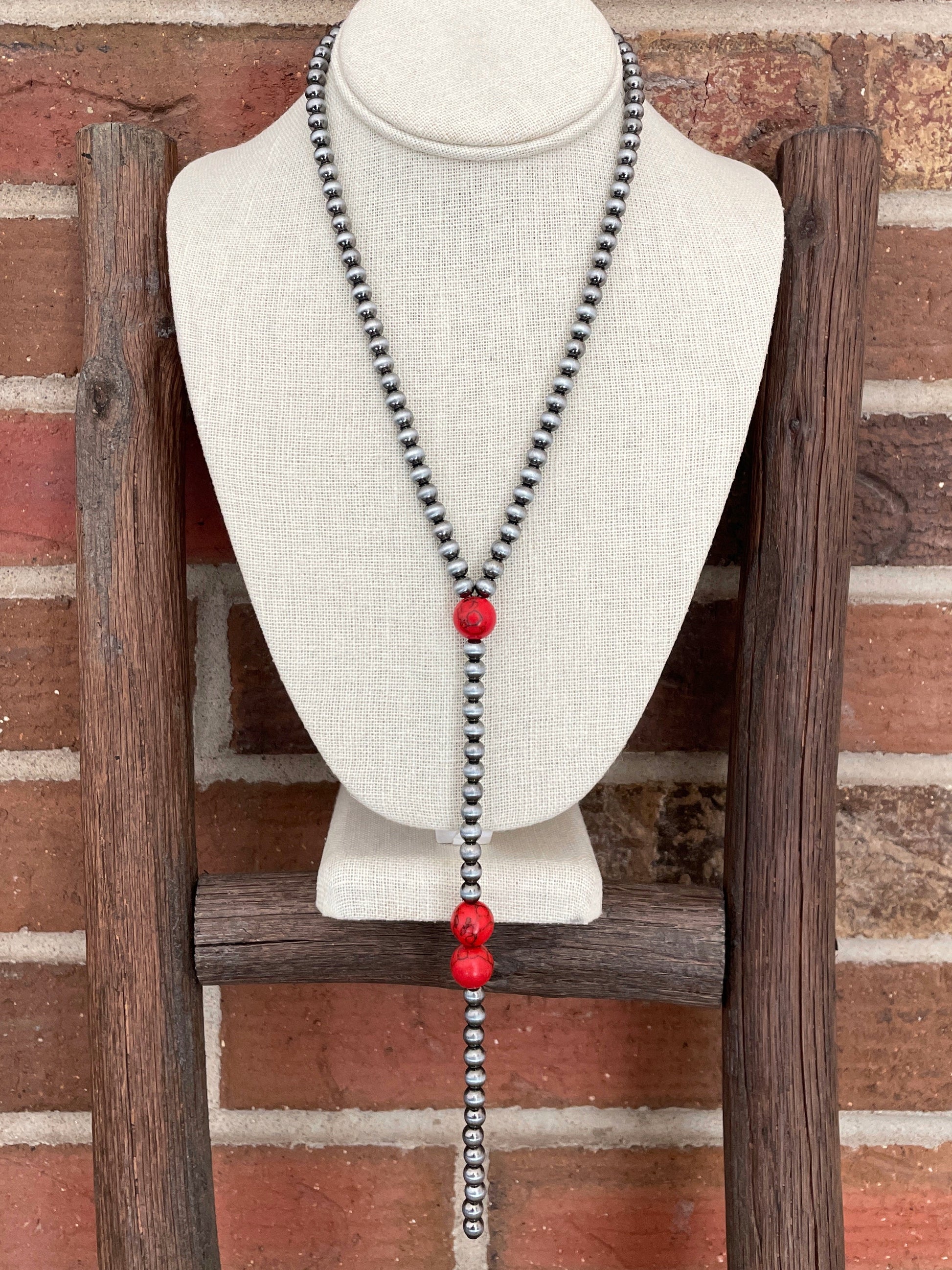 Navajo Style Pearl Lariat Necklace with Red Accents
