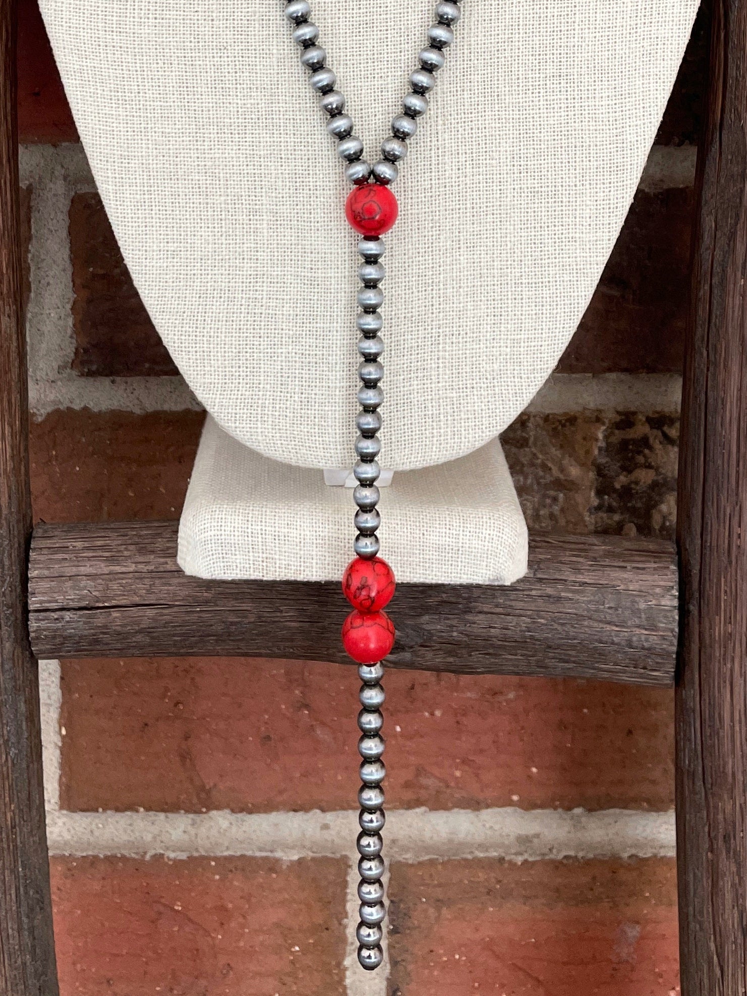 Navajo Style Pearl Lariat Necklace with Red Accents