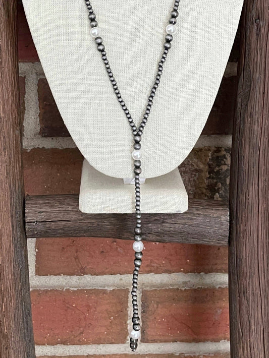 Navajo Style Pearl Lariat Necklace with White Faux Pearls