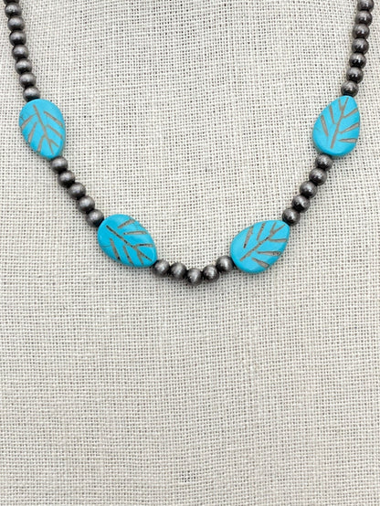 Navajo Style Pearl Necklace with Faux Turquoise Leaves