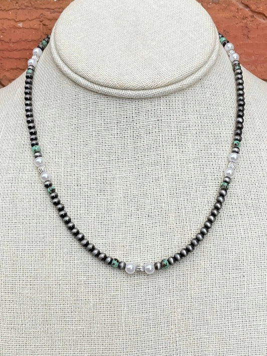 Navajo Style Pearl Necklace with Green, Brown & White