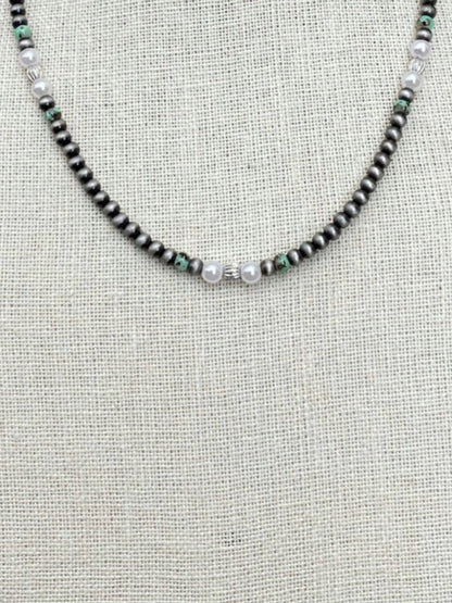Navajo Style Pearl Necklace with Green, Brown & White