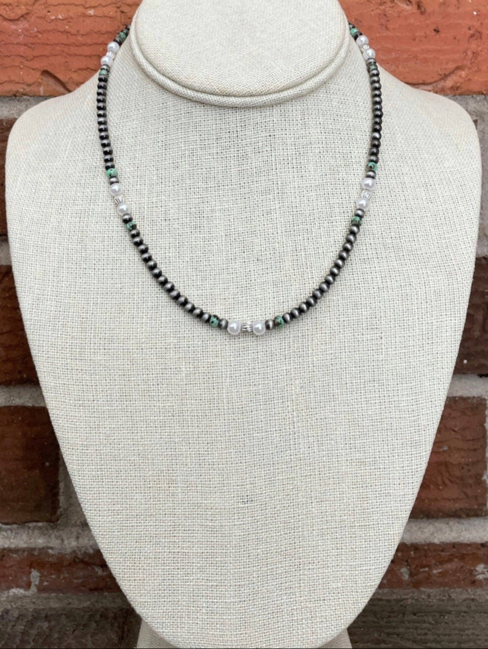 Navajo Style Pearl Necklace with Green, Brown & White