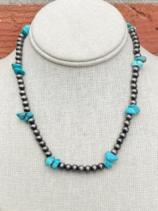 Navajo Style Pearl Necklace with Turquoise Chips