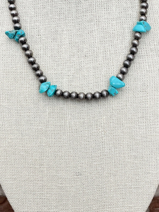 Navajo Style Pearl Necklace with Turquoise Chips