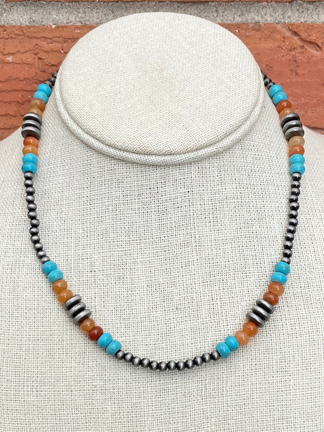 Navajo Style Pearl Necklace with Turquoise, Faux Jasper & Saucer Pearls
