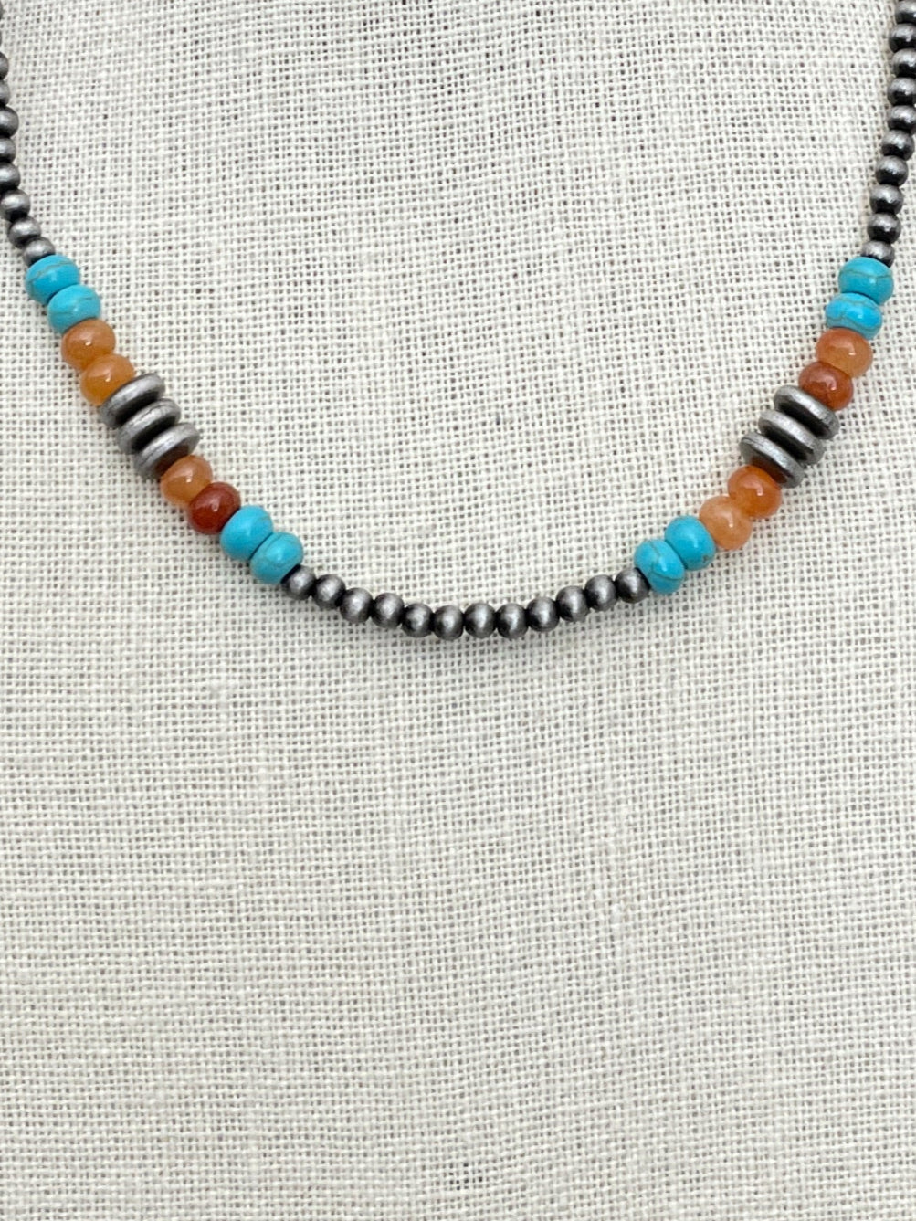 Navajo Style Pearl Necklace with Turquoise, Faux Jasper & Saucer Pearls