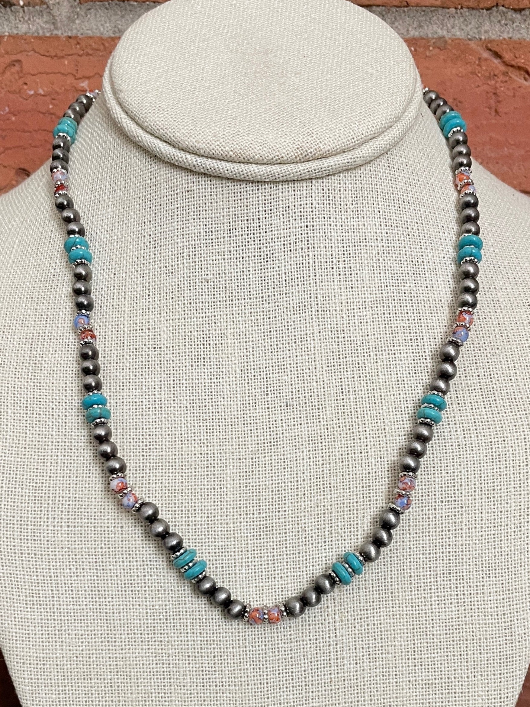 Navajo Style Pearl Necklace with Turquoise, Orange & Purple
